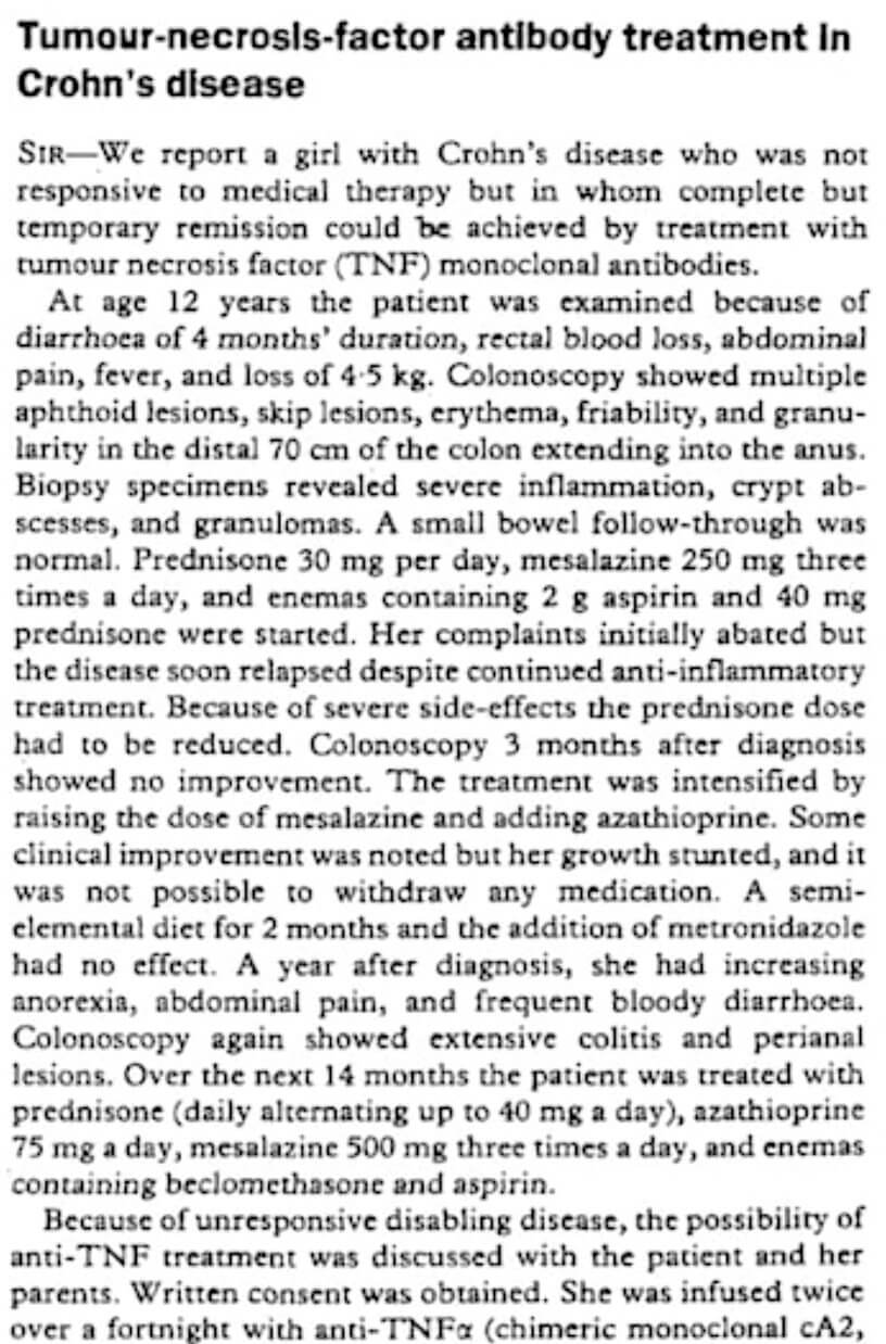 世界で初めてインフリキシマブがクローン病に投与された症例報告 - レ点腫瘍学ノート
